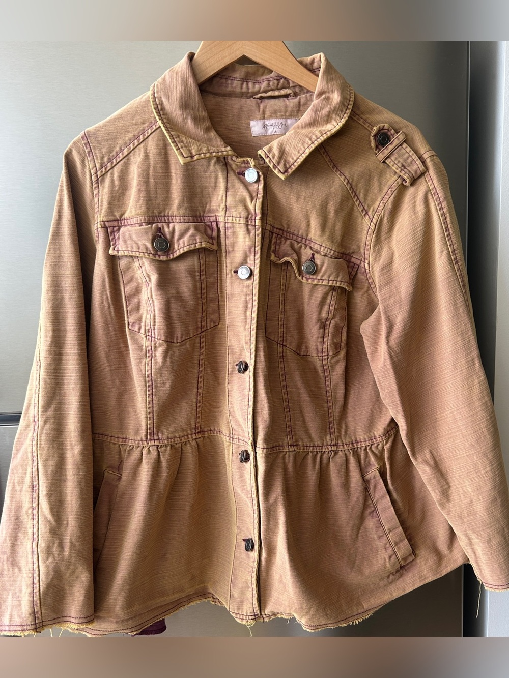Beautiful Soul Peplum Utility Jacket Tan Raw Hem Cotton Blend Boho Chic